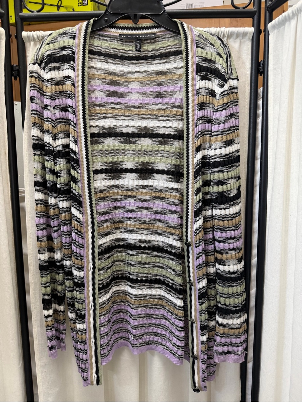 White House Black Market Striped Open-Front Cardigan in Lavender, Olive & Black